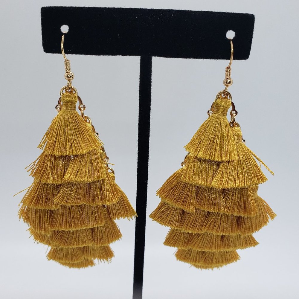 Mustard Yellow Tiered Fringe Tassel Fashion Earrings
